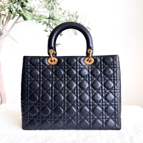 CHRISTIAN DIOR Cannage Leather Top Handle Tote Bag Black Large - Picture 3 of 17